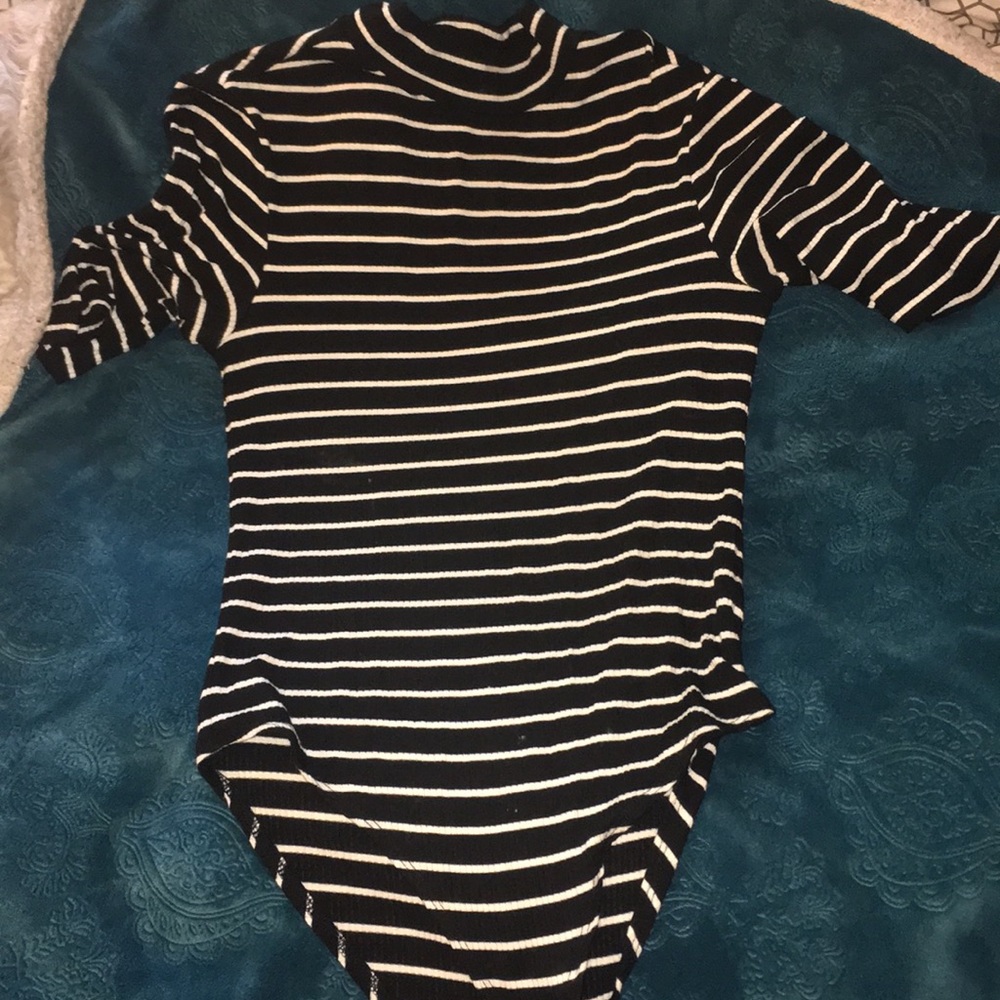 Black and White Striped HighNeck Bodysuit